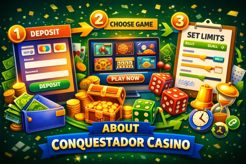 Conquestador Casino About banner showing deposit, choose game, and set limits stages with bright casino elements