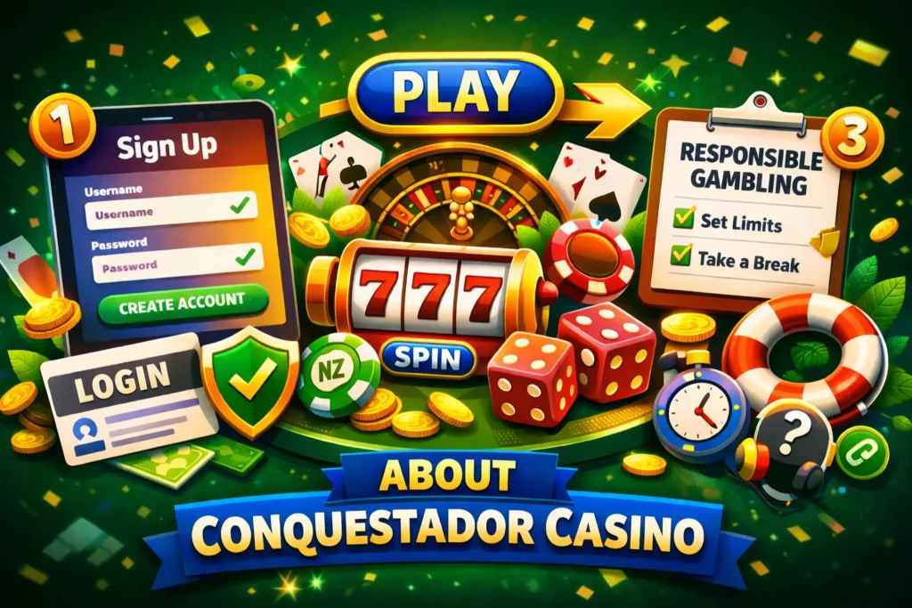 Conquestador Casino About banner showing sign up, login, gameplay stages, and responsible gambling elements for New Zealand players