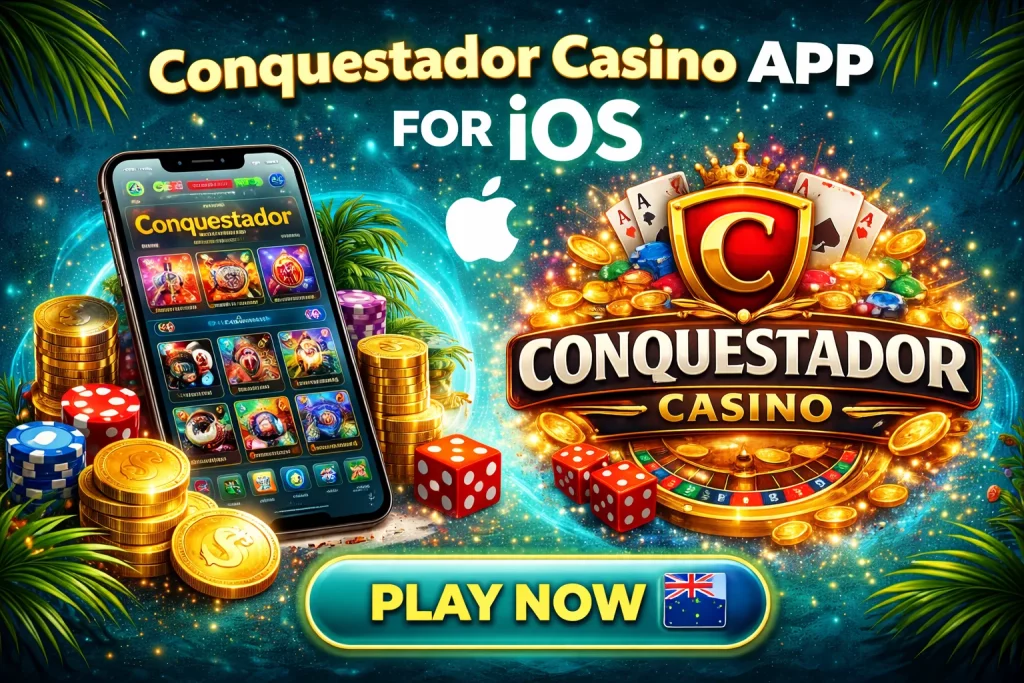 Conquestador Casino App for iOS promotional banner with dark turquoise background, gold casino elements, smartphone interface, roulette wheel, dice and coins for New Zealand players