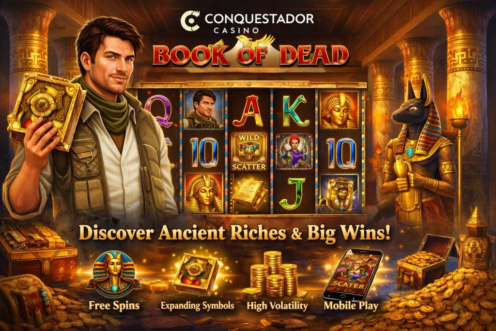 Conquestador Casino Book of Dead slot promotional banner with Egyptian temple background, explorer character holding golden book, slot reels with expanding symbols, coins and mobile play elements for New Zealand players