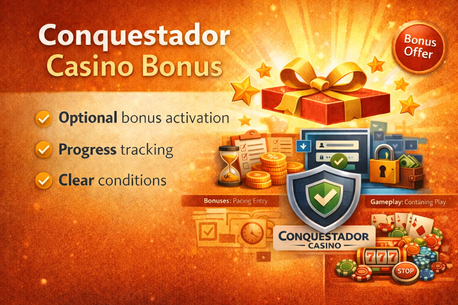 Conquestador Casino bonus system overview without call-to-action elements