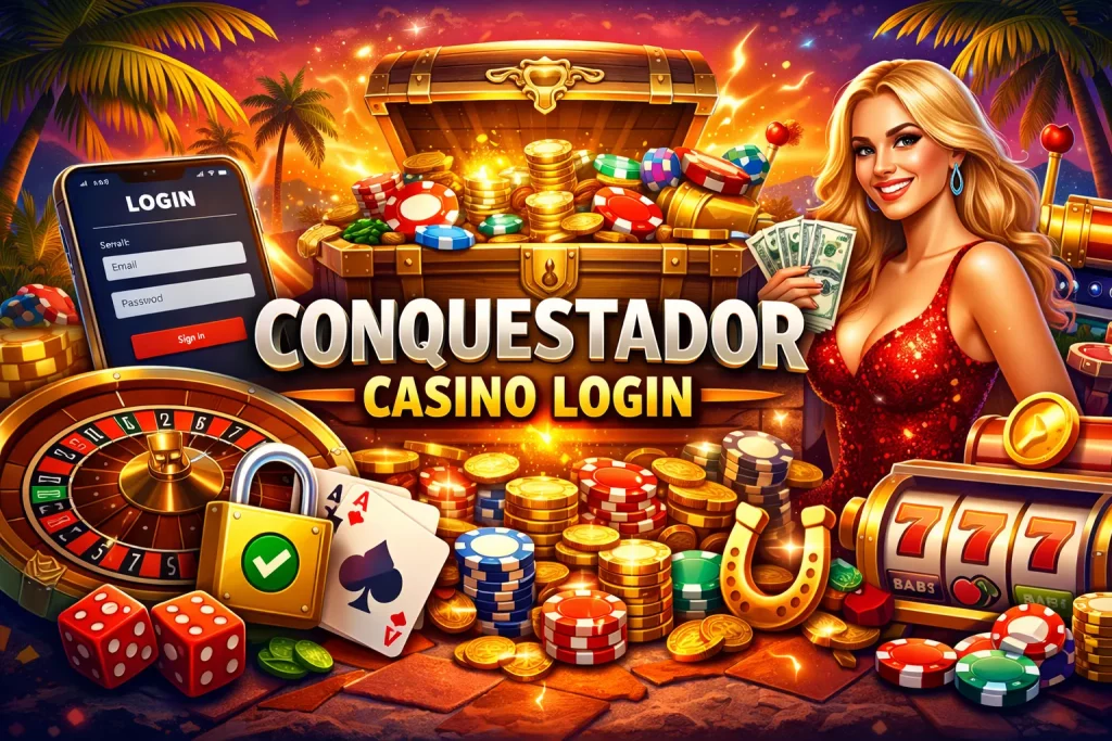 Conquestador Casino login banner with treasure chest, roulette, slots and vibrant gold casino elements