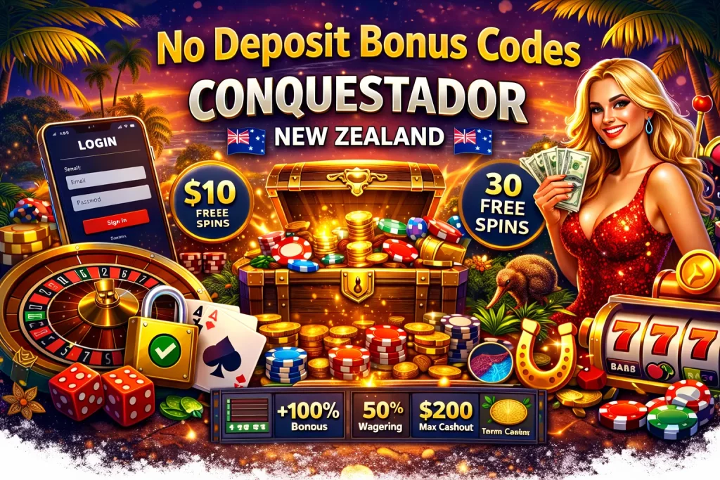 Conquestador Casino no deposit bonus codes for New Zealand players featuring treasure chest with coins, roulette wheel, slot machine 777, free spins offers and vibrant casino elements in gold and purple tones