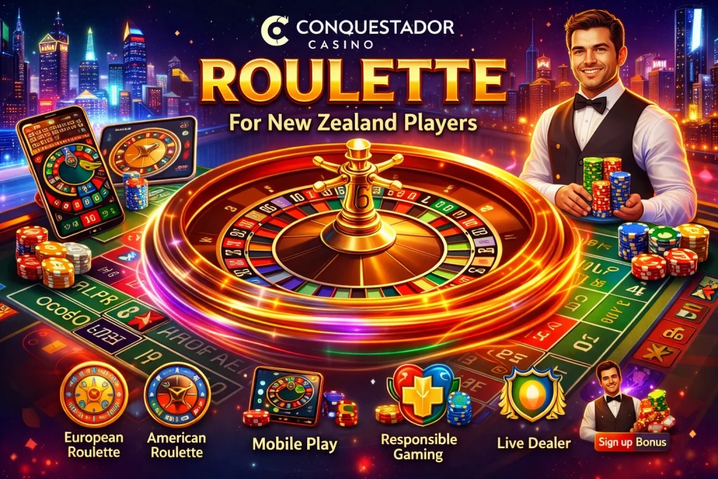 Conquestador Casino Roulette promotional banner with glowing roulette wheel, colorful betting chips, live dealer and mobile interface, vibrant neon city background for New Zealand players