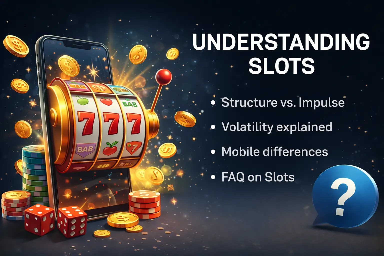 Online slots interface on a mobile device with a slot machine reel, coins, and casino elements illustrating slot structure, volatility, and gameplay mechanics
