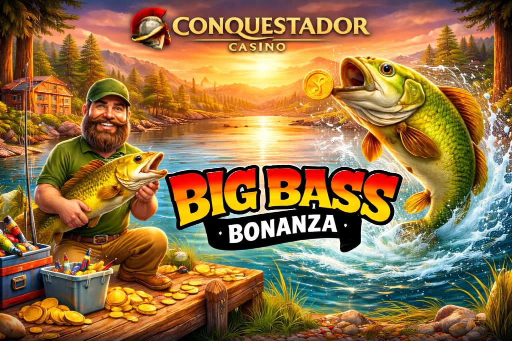 Big Bass Bonanza promotional banner at Conquestador Casino showcasing a cheerful fisherman holding a golden bass with a leaping green bass nearby.