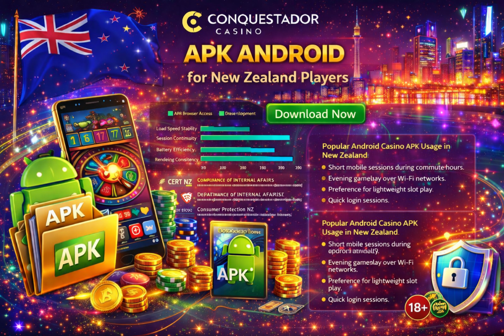 Conquestador Casino APK Android promotional banner featuring smartphone with casino interface, Android icon, vibrant New Zealand skyline background and secure mobile gaming concept for NZ players