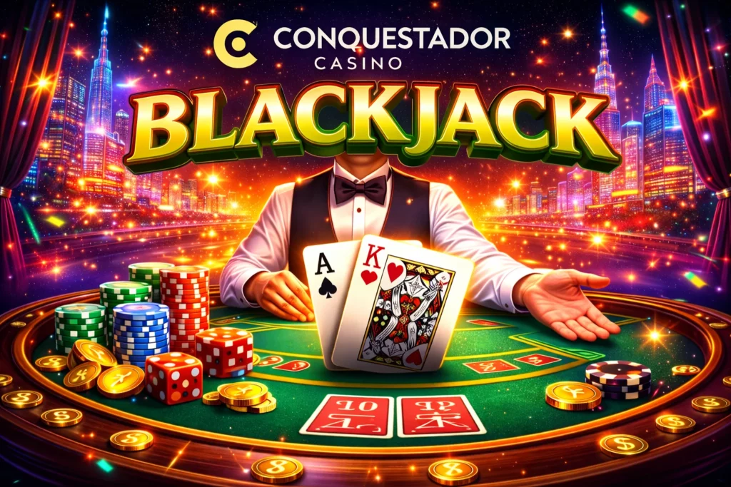 Conquestador Casino Blackjack promotional banner featuring vibrant neon city skyline, golden BLACKJACK title, dealer holding ace and king winning hand, colorful poker chips and glowing casino atmosphere for New Zealand players