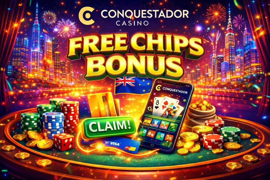 Conquestador Casino Free Chips promotional banner with vibrant casino lights, poker chips, free bonus chip icon, and a glowing deposit button in a colorful atmosphere for New Zealand players