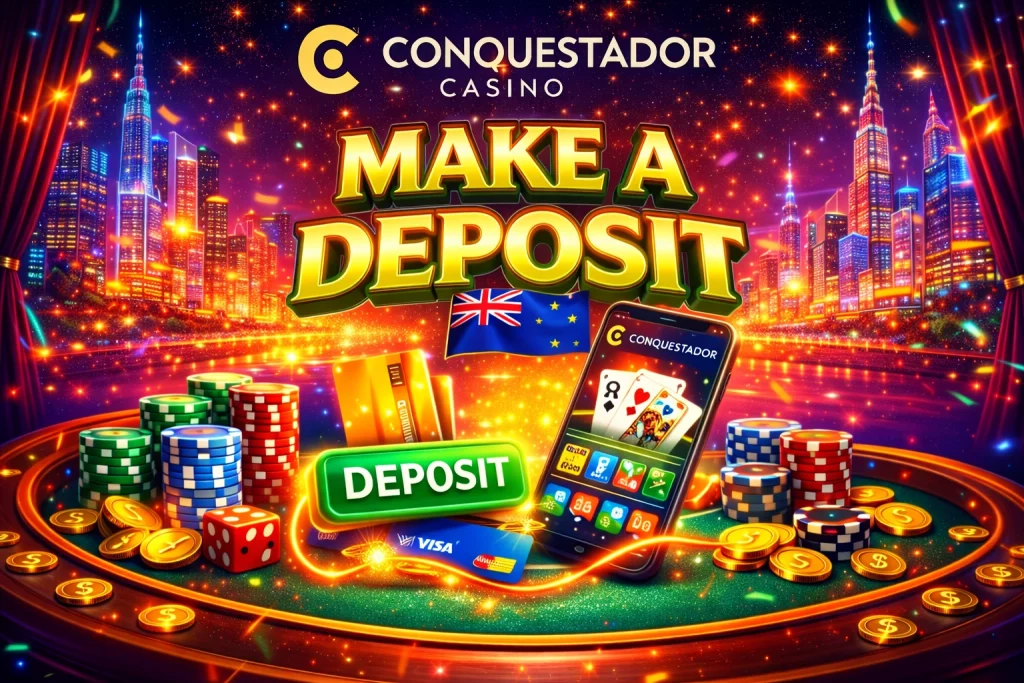 Conquestador Casino Make a Deposit banner with bright city lights, poker chips, cards, smartphone app screen and glowing green deposit button in vibrant casino colors.