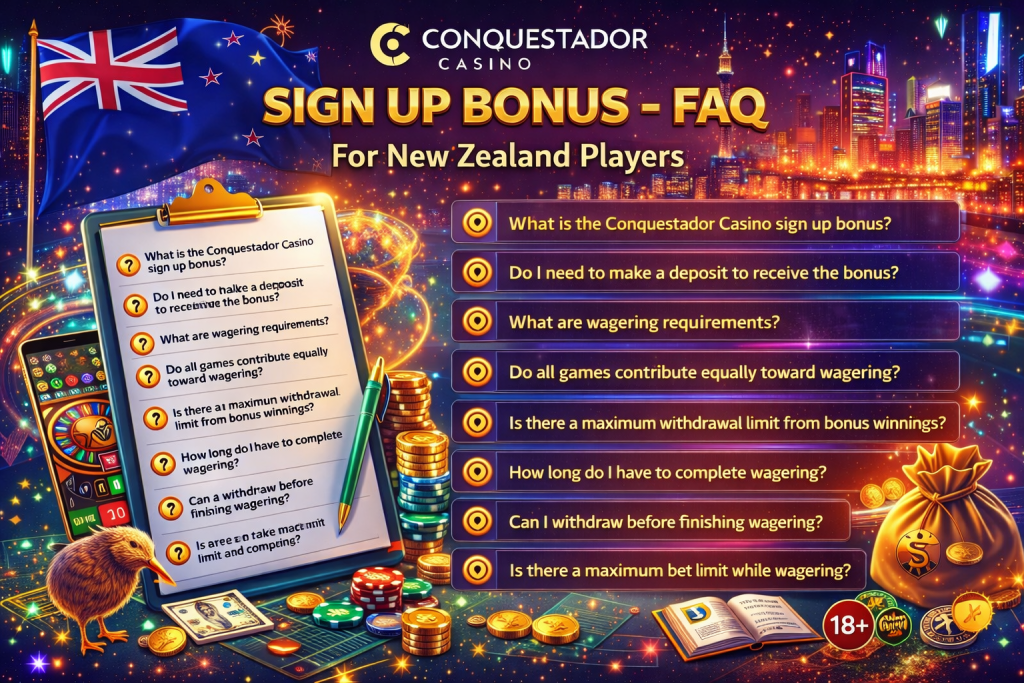 Conquestador Casino sign up bonus promotional banner with New Zealand theme, casino chips, smartphone interface, glowing city skyline and FAQ-style bonus information layout