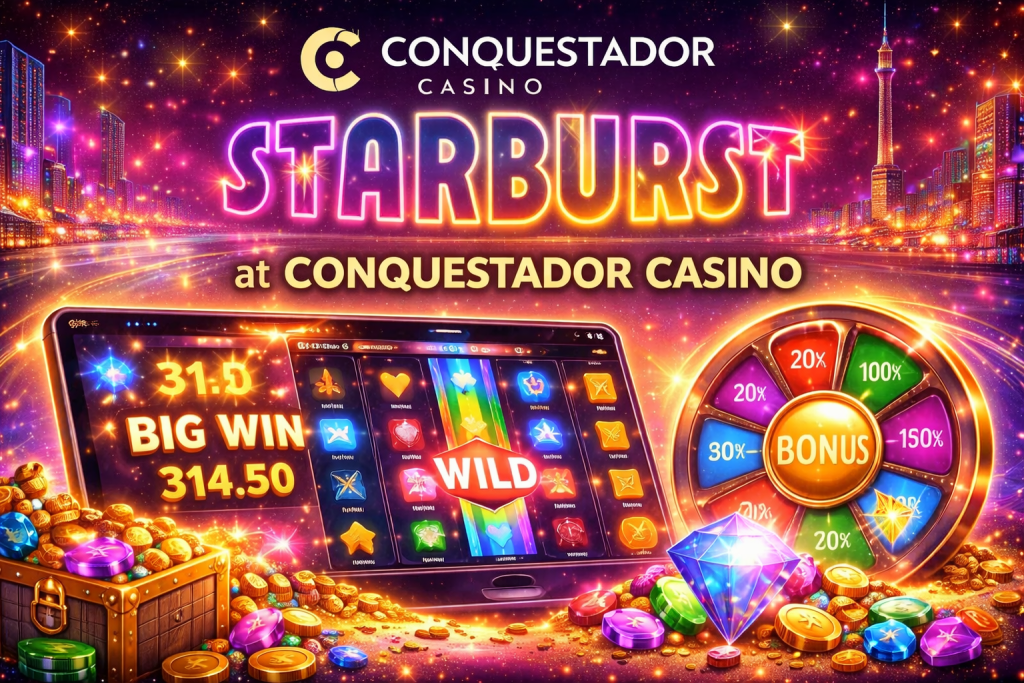 Conquestador Casino Starburst slot promotional banner with vibrant neon city skyline, glowing slot reels with expanding wild symbol, bonus wheel, treasure chest and colorful gems for New Zealand players