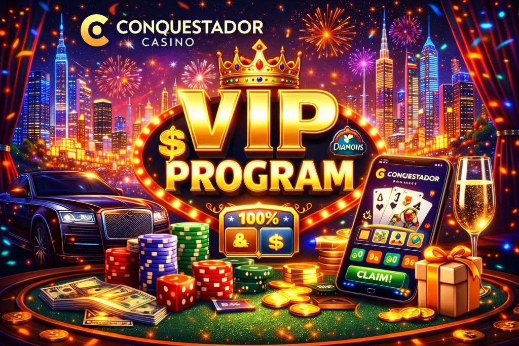 Conquestador Casino VIP Program banner showcasing vibrant casino lights, VIP lounge, poker chips, and glowing bonus icons in bright colors, designed to attract New Zealand players.