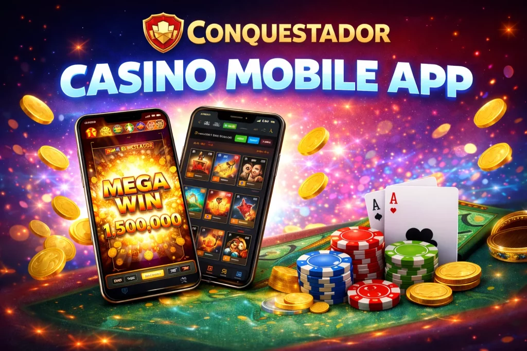 Conquestador Casino Mobile App promotional banner showcasing two smartphones displaying the app's interface with 'MEGA WIN' slot moment, poker chips, cards, and glowing coins, set against a vibrant, casino-themed background.