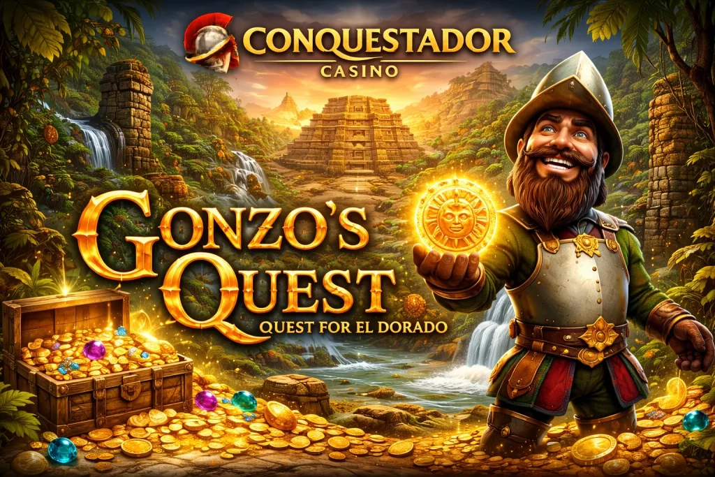 Gonzo's Quest promotional banner at Conquestador Casino featuring Gonzo, a jovial conquistador holding a glowing idol coin, surrounded by piles of treasure, Mayan ruins, and a jungle backdrop with sparkling jewels and gold coins.