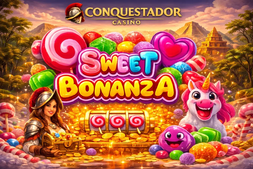 Sweet Bonanza game banner at Conquestador Casino featuring a colorful candy landscape, a smiling conquistadora with treasure, a magical unicorn, and a vibrant sunset backdrop.